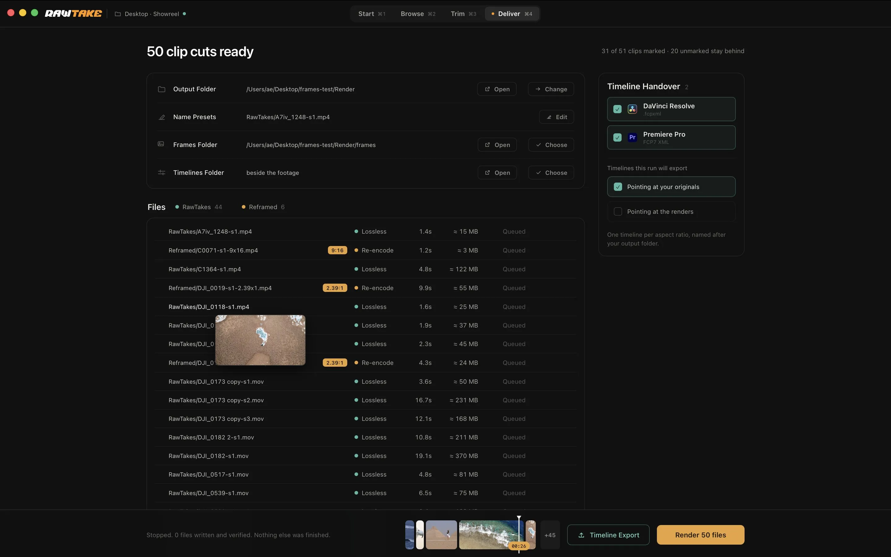RawTake’s Deliver screen: a queue of files, teal rows copied losslessly and amber rows re-encoded, with the timeline handover for DaVinci Resolve and Premiere Pro beside it