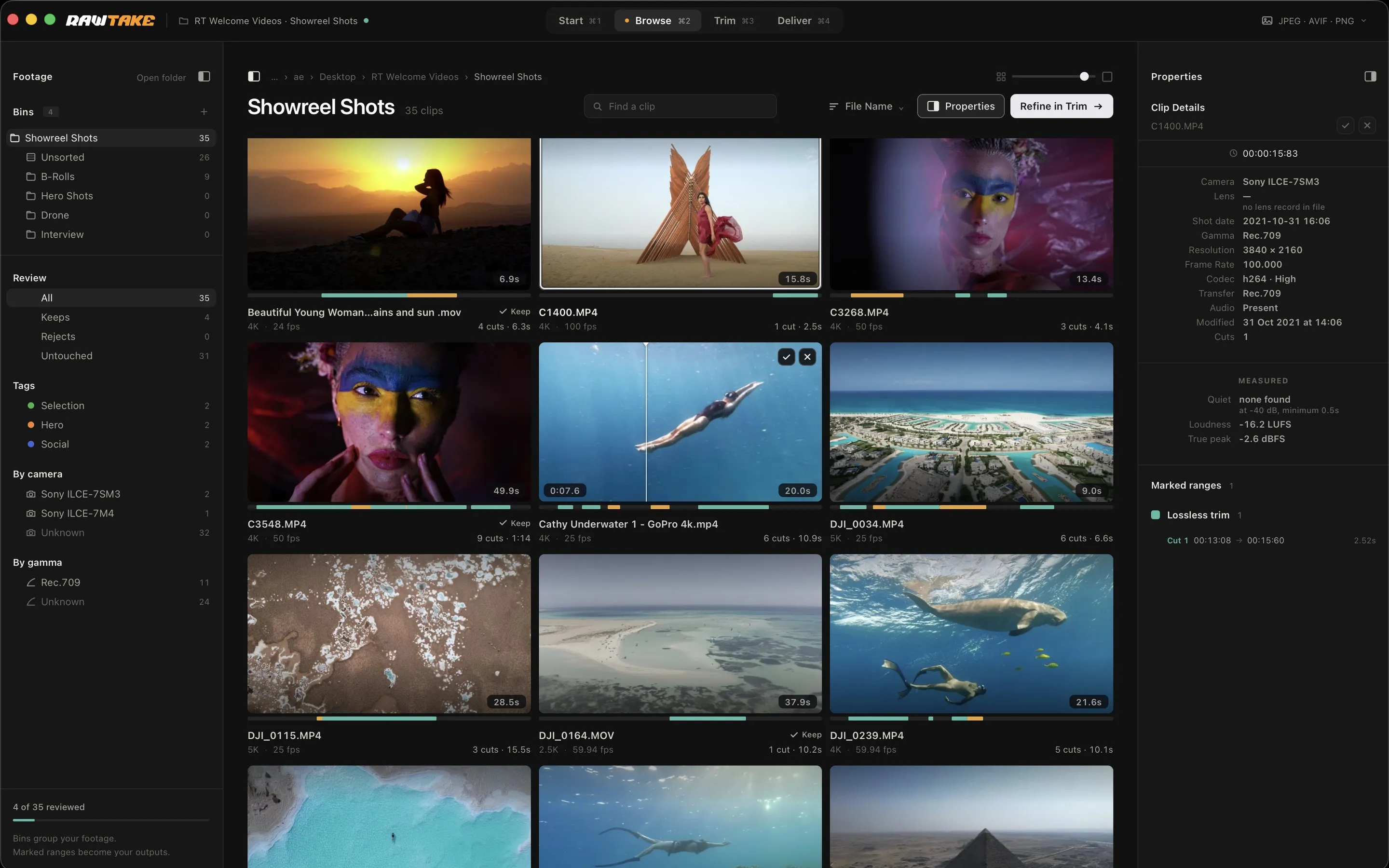 RawTake’s Browse screen: a folder of clips as posters, one being scrubbed, with coloured strips under the posters and the clip’s details on the right