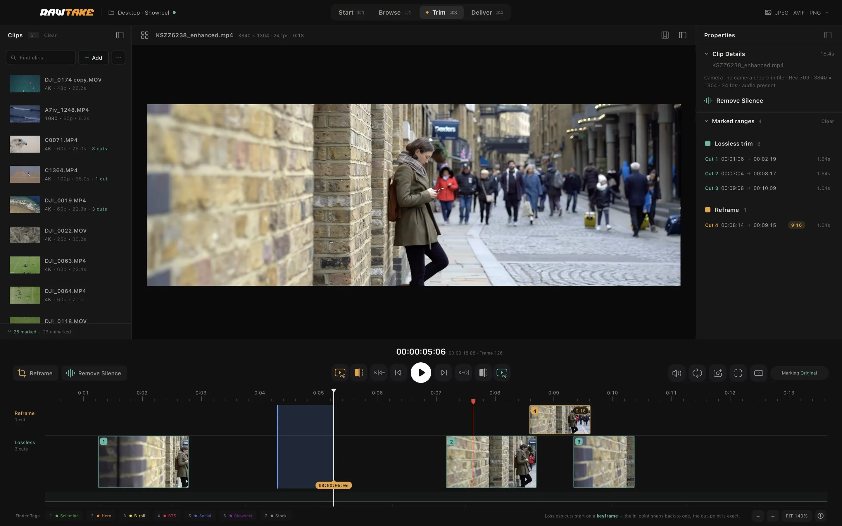 RawTake’s Trim screen: a clip playing, with a timeline below holding three lossless cuts in one lane and a vertical reframe in the lane above